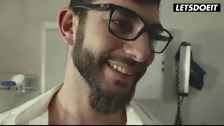 FFM Double Blowjob in the Exam Room, Two Girls Lick His Cock and Suck His Balls on the Table