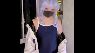 femboy suisei cosplayer in school swimsuit uses automated stroker and cums