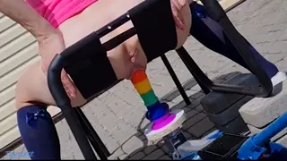 Penetration Fetishes. Petite Stepsister is so Horny and Hot that She Broke a Rainbow Dildo Mounted on Car Jack