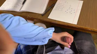 SCHOOLGIRL Jerking him Off in MATH Class under the Table - At School