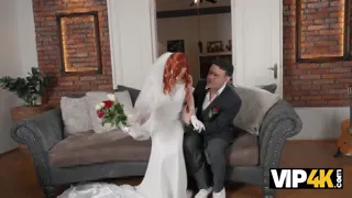 VIP4K. A Naughty Redheaded bride filmed a Homemade Porn video with her Husband right after the Wedding