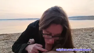 I give my lover a blowjob for his birthday on the public lake beach