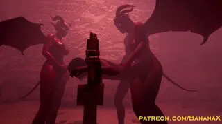 Two Demon Succubus Futanari Destroy Chained Slave - Double Futa Anal Domination 3D
