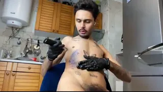 Skinny guy with a big dick sucking himself off and jerking off.