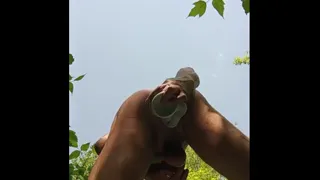 I jerk off my dick and fuck my ass with a horse dildo in the park