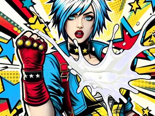 milk splashes out of Neon-Girl's boobs
