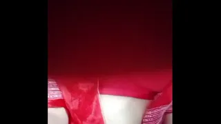 Indian Gay Crossdresser Bottom Gaurisissy pressing and playing with her big boobs in red saree with heavy jwellery