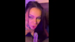 Tongue swirls around thick toy, dripping wet 😇