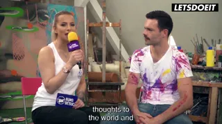 Slim Inked Blonde Flirts with Artist's Cock Between Paint Strokes... She's About to Get Fucked Hard