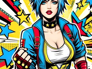Neon-Girl bends over and shows her cleavage