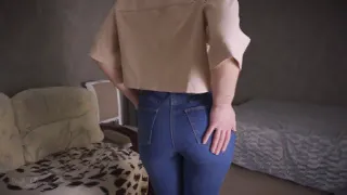 Teasing Tight Blue Jeans Ass With Thongs Underneath