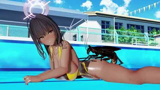 【MMD Blue-Archive】 Kakudate Karin mating with a cockroach in the school swimming pool