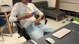 Skinny guy in jeans, pulls his dick out and jerks off on webcam.