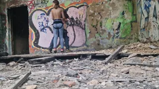 In abandoned building Anastasia Mistress public outdoor fucked strapon in the ass her slave Sasha Earth