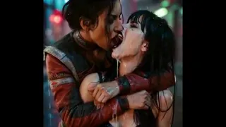 Hot lesbian deep kissing scene - Panam Palmer (Cyberpunk 2077) and Nyx Loops moaning and drooling profusely - AI Generated