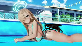 【MMD Blue-Archive】Ichinose Asuna mate with a cockroach in the school swimming pool