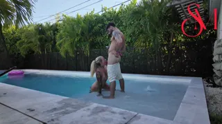 Horny housemate sucks cock by the pool, SLOPPY cock hungry blowjob!