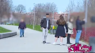 Shameless slut flashes tits on street and fishes for cock. Marta Villalobos, corner hooker on FAKings