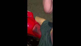 Big man showing off his huge cock in the street for people to touch.