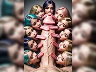 Eleven women with long tongues licking one long penis