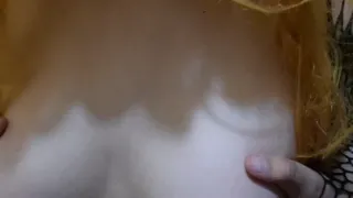 Cute Blonde Femboy Lactating her Tits and Spanking her Big Boobs with Black Cock