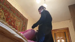 Anastasia Mistress in a nun's costume Dominant wife doing BDSM and humiliation with her loser Sasha Earth strapon homemade